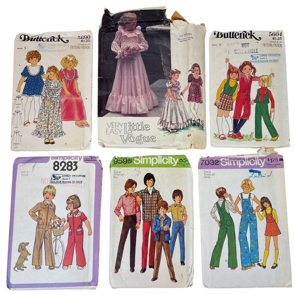 6 Vintage 1970s Sewing Patterns Butterick Simplicity Vogue Kids Size 5 6 Lot